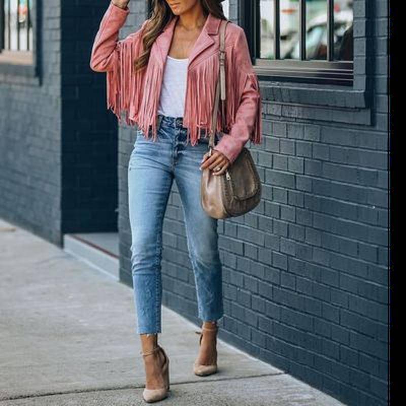 Damen Hirschlederjacke Revers Fransen Kurzmantel Ledermantel L rosa von Joom DACH