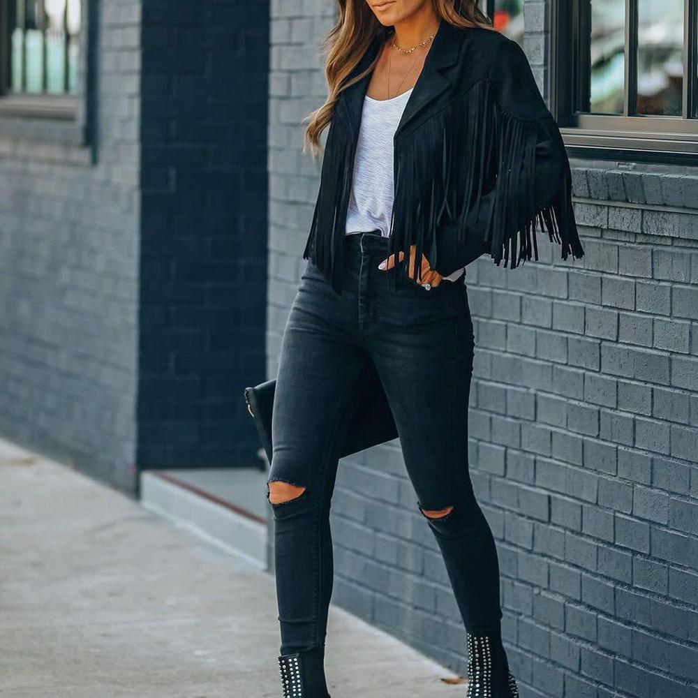 Damen Hirschlederjacke Revers Fransen Kurzmantel Ledermantel M schwarz von Joom DACH