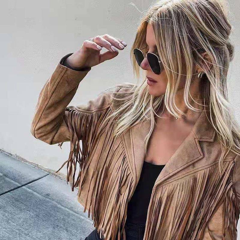 Damen Hirschlederjacke Revers Fransen Kurzmantel Ledermantel XL braun von Joom DACH