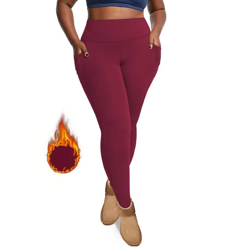 Damen Hoch taillierte Hip Lift Pocket Große Sportbekleidung Sport Plus Fleece Yogahose Neun-Punkt-Hose XXXXXL weinrot von Joom DACH
