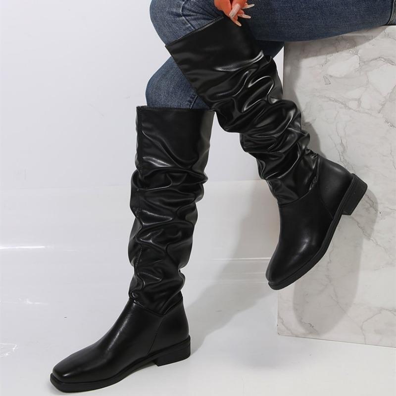 Damen Hochwertige Leder Mid-Calf Stiefel Lässiger Anzug Herbststiefel Flache Mode Plissierte Runde Zehenstiefel Damen Plateau Schuhe 39 schwarz von Joom DACH