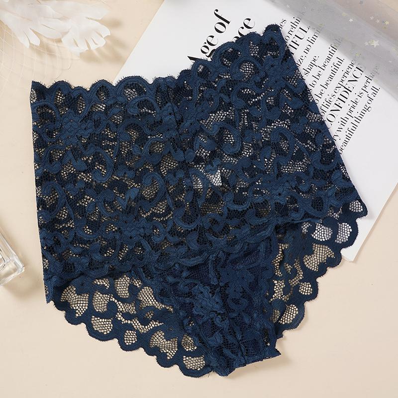 Damen-Höschen mit Blumenmuster und Spitze, Übergröße, Hipster-Unterwäsche mit hoher Taille, atmungsaktive Slips, L-2X 2XL navy blau von Joom DACH