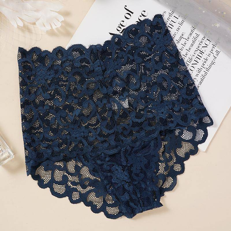 Damen-Höschen mit Blumenmuster und Spitze, Übergröße, Hipster-Unterwäsche mit hoher Taille, atmungsaktive Slips, L-2X 2XL navy blau von Joom DACH