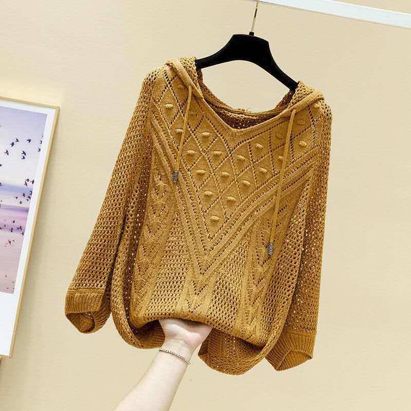 Damen Hohl Strickpullover Mittelärmelige Dünne Lockere Bluse Top Frühling und Herbst Mädchen M khaki von Joom DACH