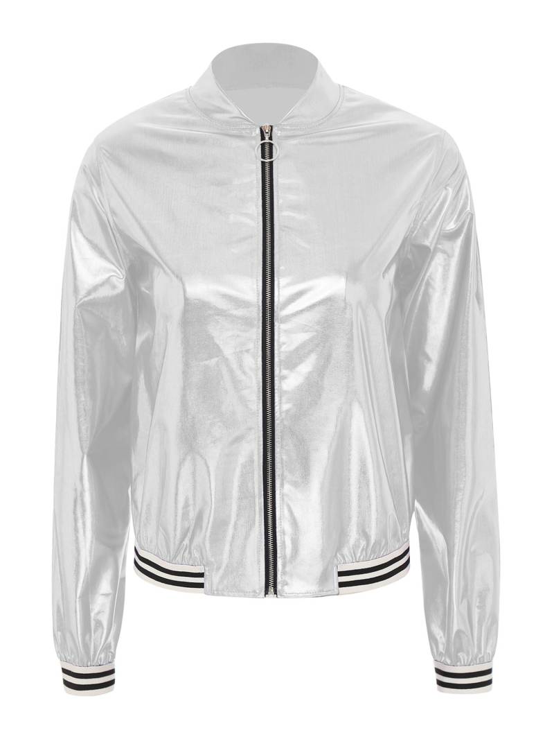 Damen Holografische Bomberjacke Metallic Glänzend Langärmlig Reißverschluss Vorne Gestreiftes Bündchen Baseballjacke S silber von Joom DACH
