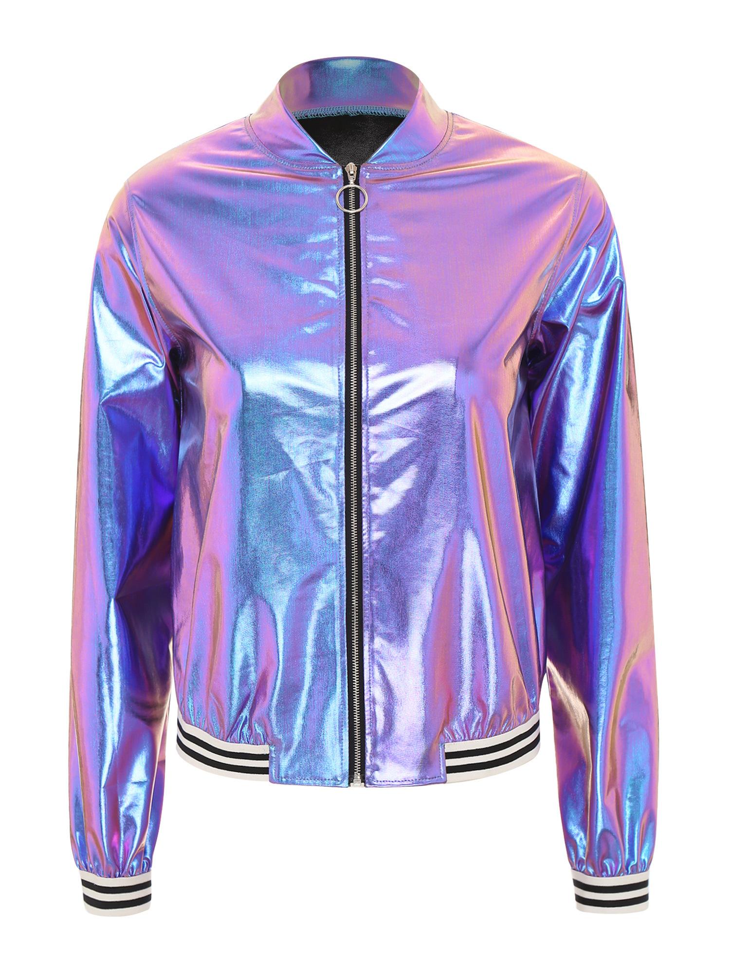 Damen Holografische Bomberjacke Metallic Glänzend Langärmlig Reißverschluss Vorne Gestreiftes Bündchen Baseballjacke XL blau von Joom DACH