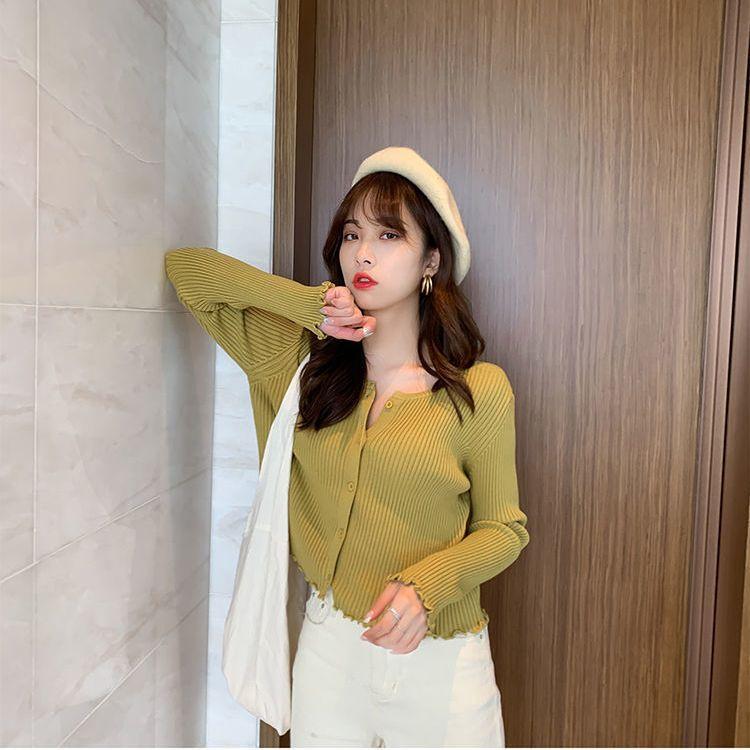 Damen Holzohr Strickjacke Kurz Frühling und Herbst Dünn Mode Slim Pullover Mantel L gelb von Joom DACH