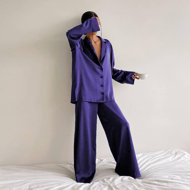 Damen Homewear Langarmanzug Simulation Seidenhemd Dünne Hose Zweiteiliger Pyjama XL weiß von Joom DACH