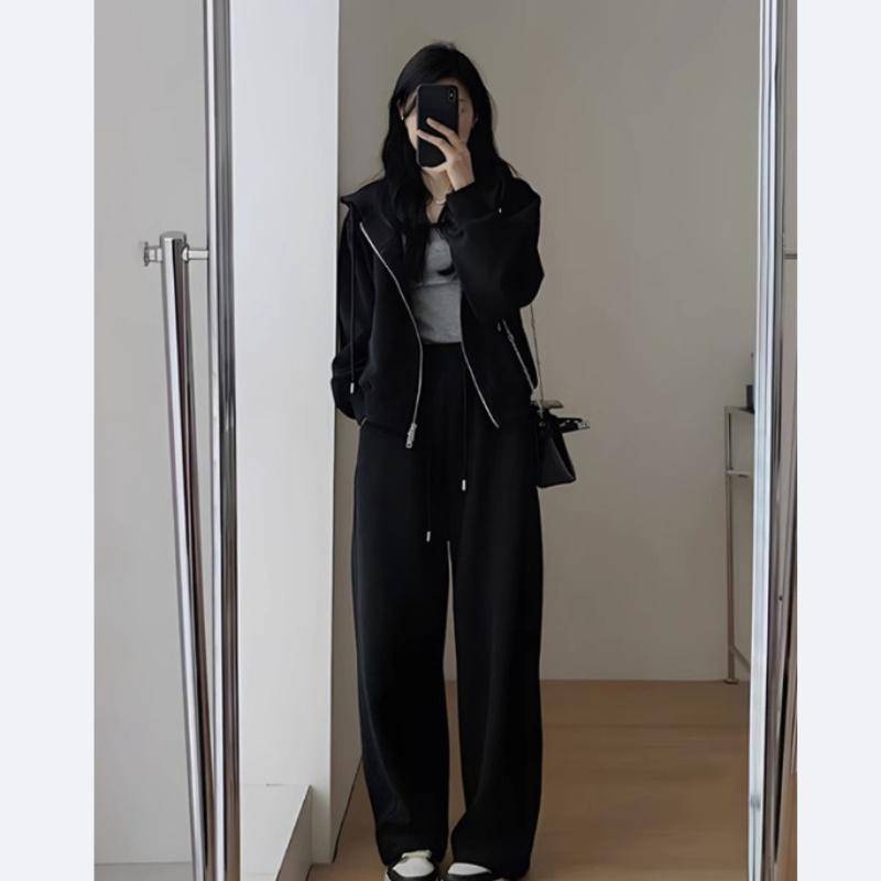 Damen Hoodie und Jogginghose Zweiteiliges Set Herbst Winter Solide Lose Koreanische Mode Y2k Zip Up Hoodie Sweatshirts XS von Joom DACH