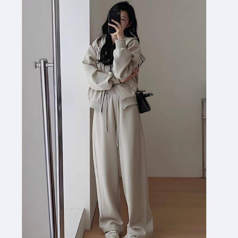 Damen Hoodie und Jogginghose Zweiteiliges Set Herbst Winter Solide Lose Koreanische Mode Y2k Zip Up Hoodie Sweatshirts XXXXL khaki von Joom DACH