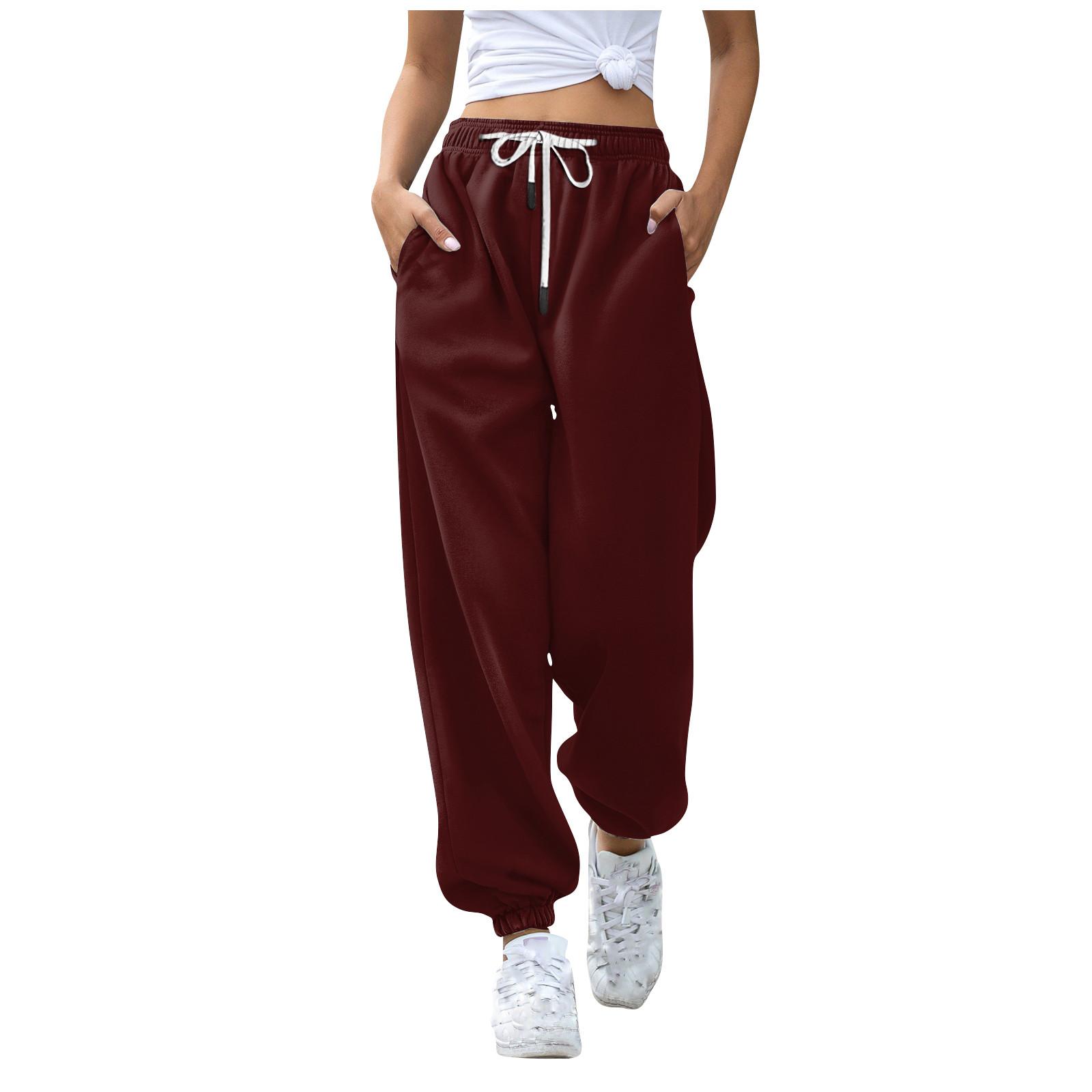 Damen Hose mit Tasche, lang, einfarbig, Jogginghose, Fleece, Jogginghose, Sporthose, lässige Mode, locker, Schwarz/Rot 3XL von Joom DACH