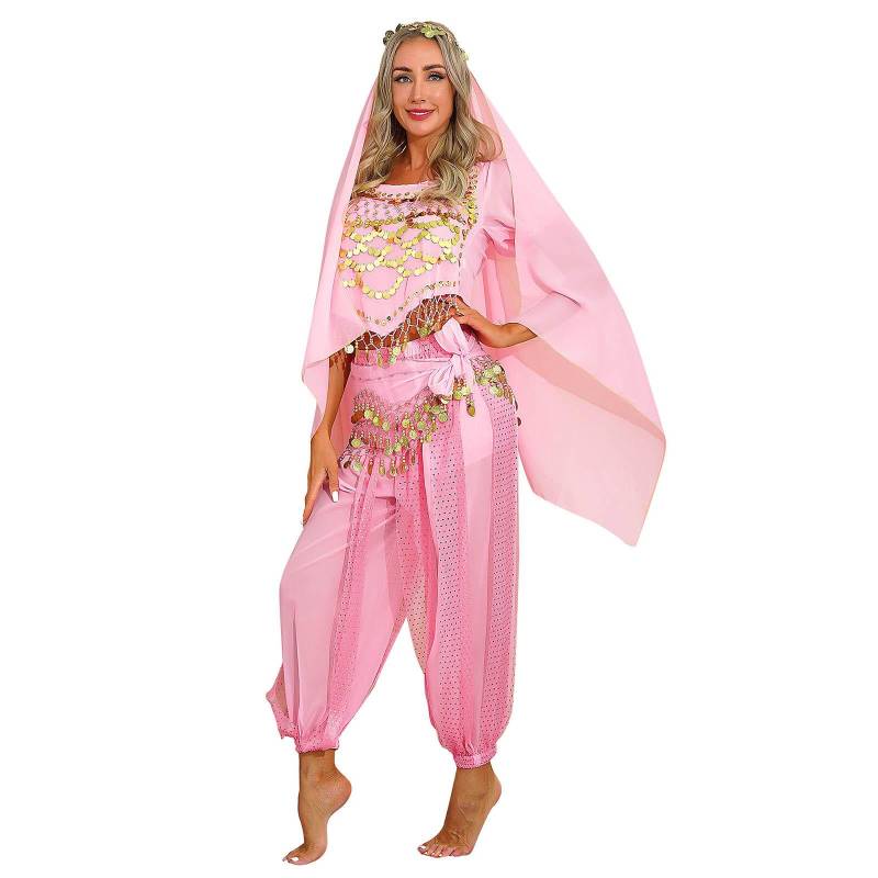 Damen Indien Bauchtanz Kostüm Top mit Haremshose Hüfttuch Halloween Kostüm One Size rosa von Joom DACH