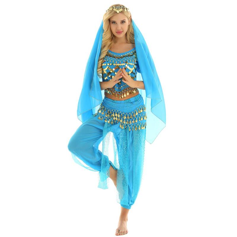 Damen Indien Bauchtanz Kostüm Top mit Haremshose Hüfttuch Halloween Kostüm One Size see-blaue von Joom DACH