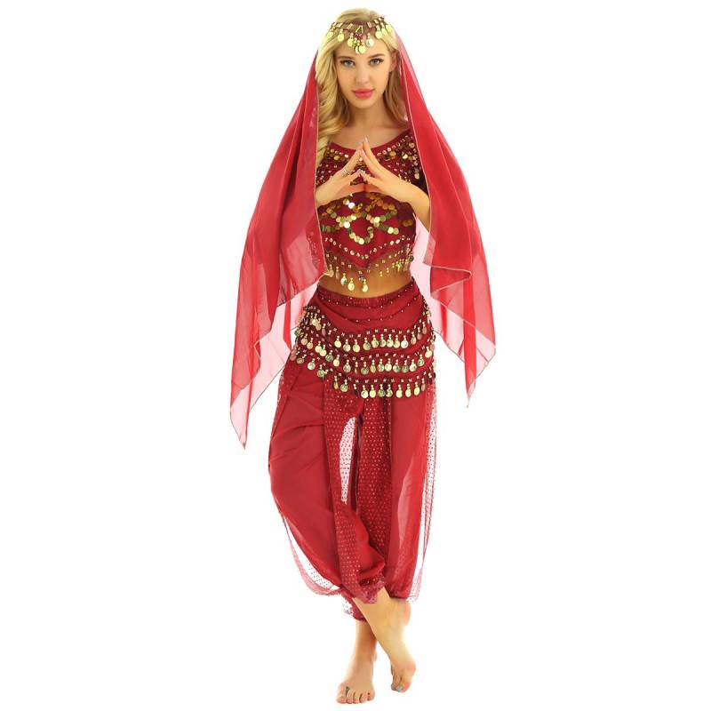Damen Indien Bauchtanz Kostüm Top mit Haremshose Hüfttuch Halloween Kostüm One Size rot von Joom DACH