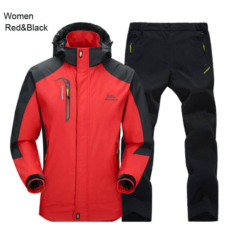 Damen Jacke Hose Wander Set Camping Frühling Herbst Outdoor Wasserdicht 20000MM Winddicht Anzug Trekking Mantel Hose M schwarz rot von Joom DACH