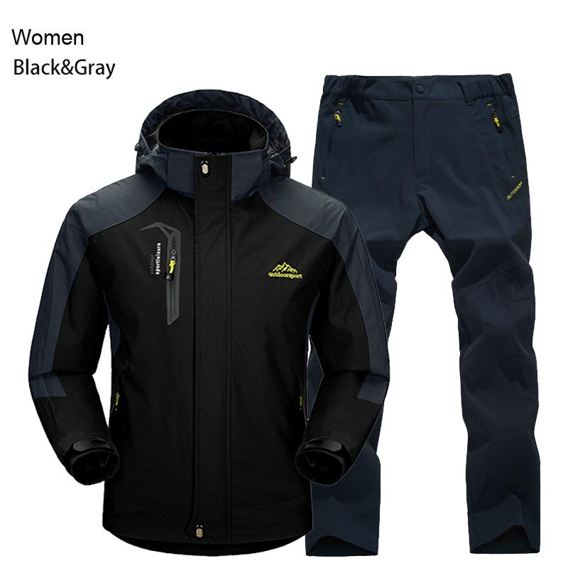 Damen Jacke Hose Wander Set Camping Frühling Herbst Outdoor Wasserdicht 20000MM Winddicht Anzug Trekking Mantel Hose M schwarz grau von Joom DACH