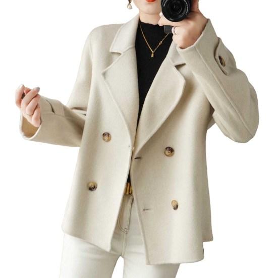 Damen Jacke Revers Einfarbig Zweireihig Wollmantel Kurz Typ Locker Thermo Langarm L apricot von Joom DACH