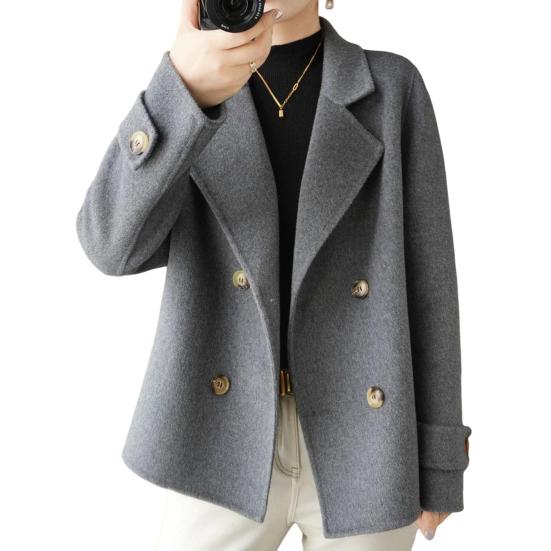 Damen Jacke Revers Einfarbig Zweireihig Wollmantel Kurz Typ Locker Thermo Langarm L grau von Joom DACH