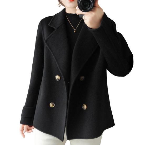 Damen Jacke Revers Einfarbig Zweireihig Wollmantel Kurz Typ Locker Thermo Langarm L schwarz von Joom DACH