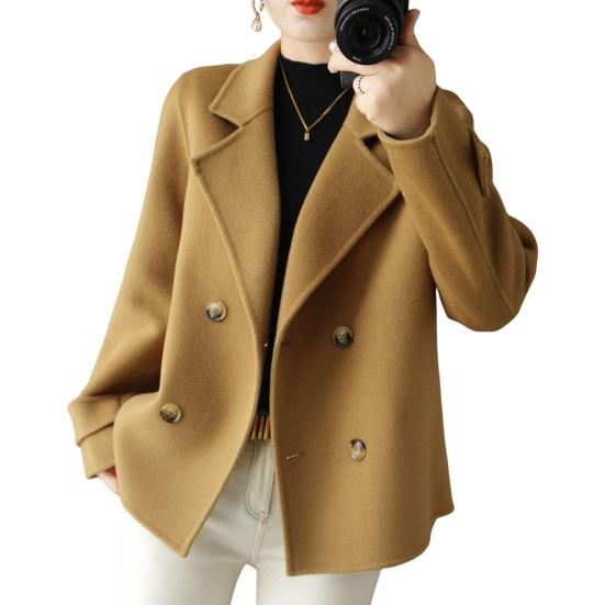 Damen Jacke Revers Einfarbig Zweireihig Wollmantel Kurz Typ Locker Thermo Langarm XL khaki von Joom DACH