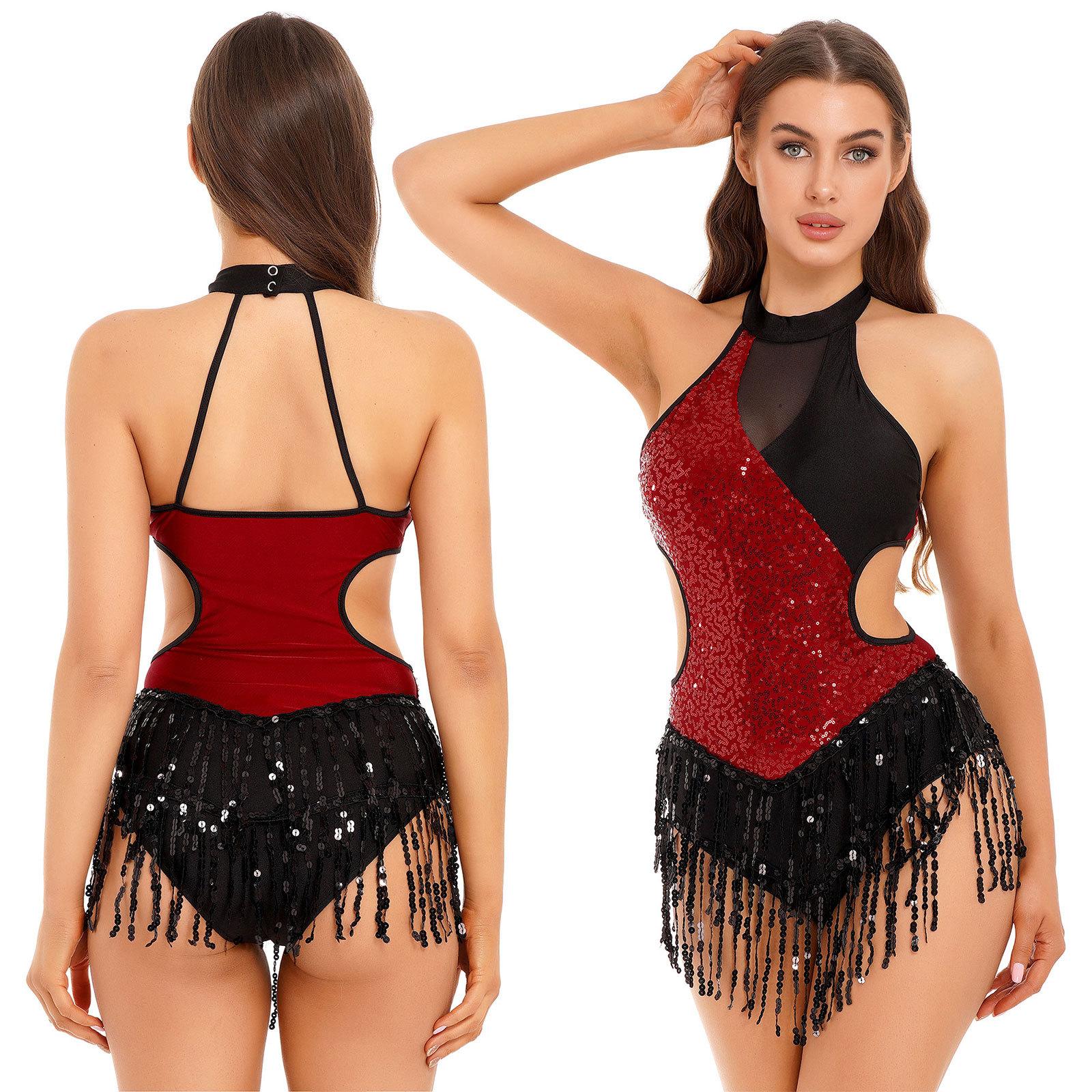 Damen Jazz Dance Trikot Neckholder Glitzer Pailletten Quaste Fransen Latein Salsa Tanzkleid Cutout Body Performance Kostüm S bordeaux von Joom DACH