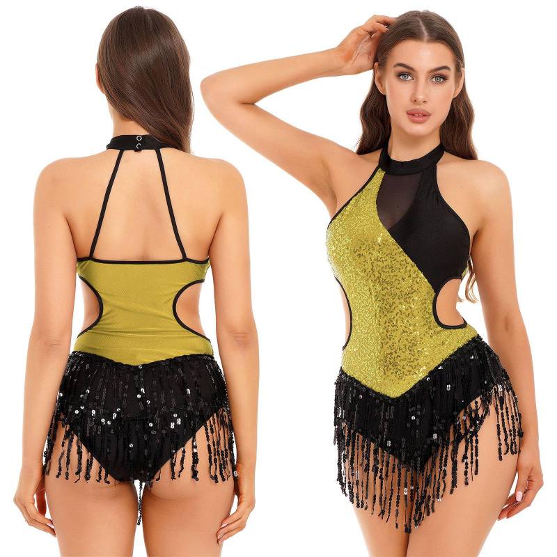 Damen Jazz Dance Trikot Neckholder Glitzer Pailletten Quaste Fransen Latein Salsa Tanzkleid Cutout Body Performance Kostüm S gold von Joom DACH