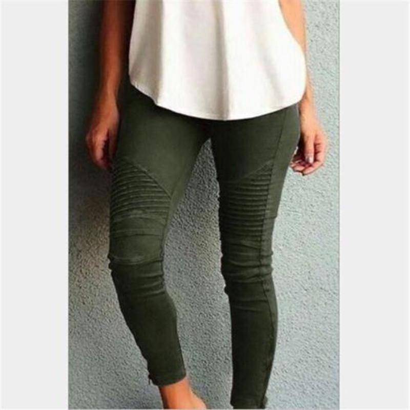 Damen-Jeans, hohe Taille, dünne, plissierte Bleistifthose, Retro-elastische Stretch-Slim-Leggings L armee grüne von Joom DACH