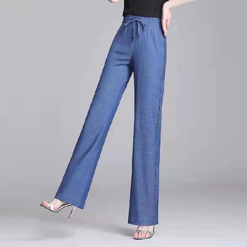 Damen Jeans Gerade Lose Hose Sommer Hohe Taille Dünne Weite Beinhose Drapierte Hose XXXXL blau von Joom DACH