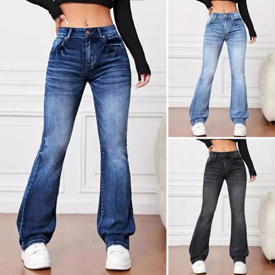 Damen Jeans Hohe Taille Ausgestellter Saum Knopf Reißverschluss Farbverlauf Lockere Passform Mehrere Taschen L dunkelblaue von Joom DACH