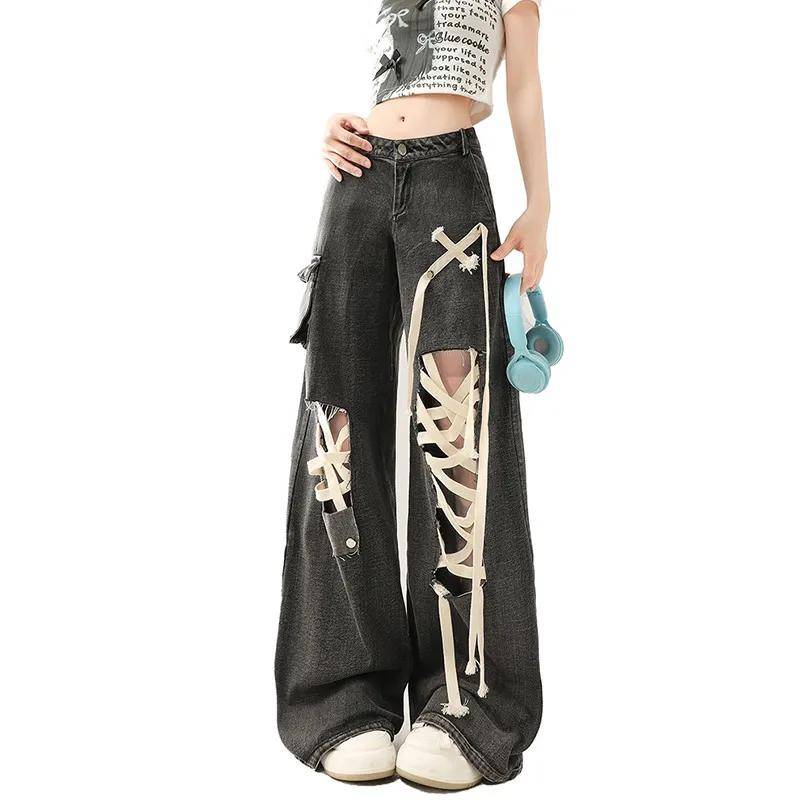 Damen Jeans Übergröße Hip-Hop Mode Vintage Streetwear Y2K Weite Bein Jeans Hohe Taille 2024 Boyfriendhose Baggy Denim Hose S schwarz von Joom DACH