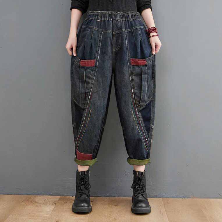 Damen Jeans aus Baumwolle mit elastischer Taille und Farbkollision, lässige Haremshose XL blau von Joom DACH