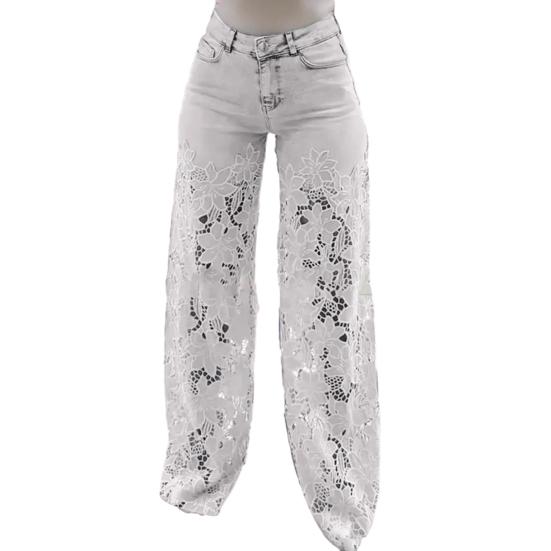 Damen Jeans mit Spitze Patchwork Casual Baggy Straight Wide Leg Denimhose Mittelhoch Taille Floral Ausgehöhlt Jeans L weiß von Joom DACH