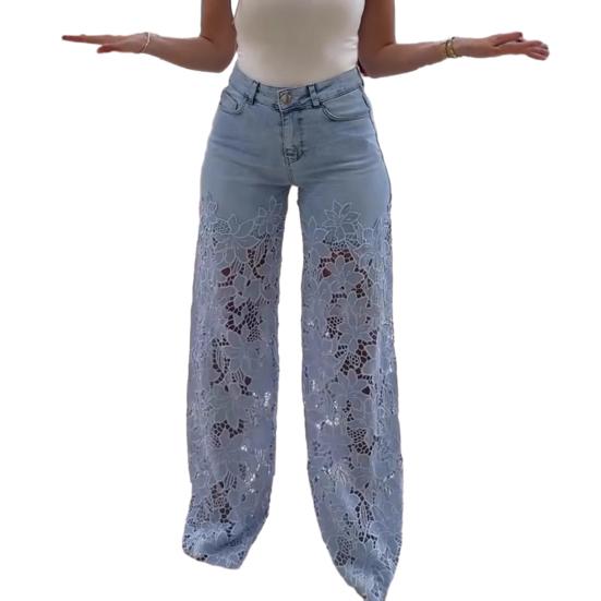 Damen Jeans mit Spitze Patchwork Casual Baggy Straight Wide Leg Denimhose Mittelhoch Taille Floral Ausgehöhlt Jeans XXXL hellblaue von Joom DACH