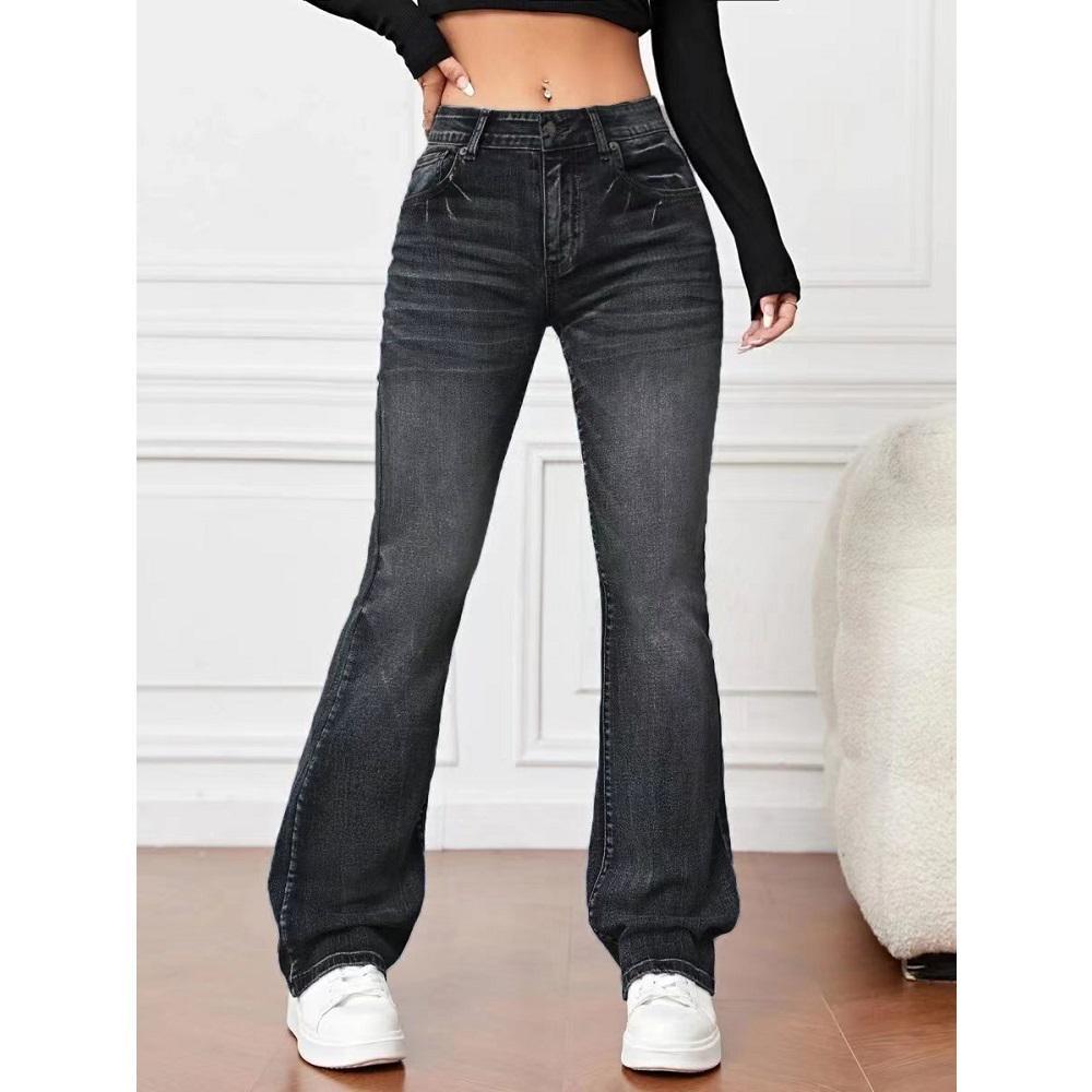 Damen-Jeans mit durchgehendem Stretch-Denim, hohe Taille, gerade Hose, lässige lange Jeanshose für Damen 3XL schwarz von Joom DACH