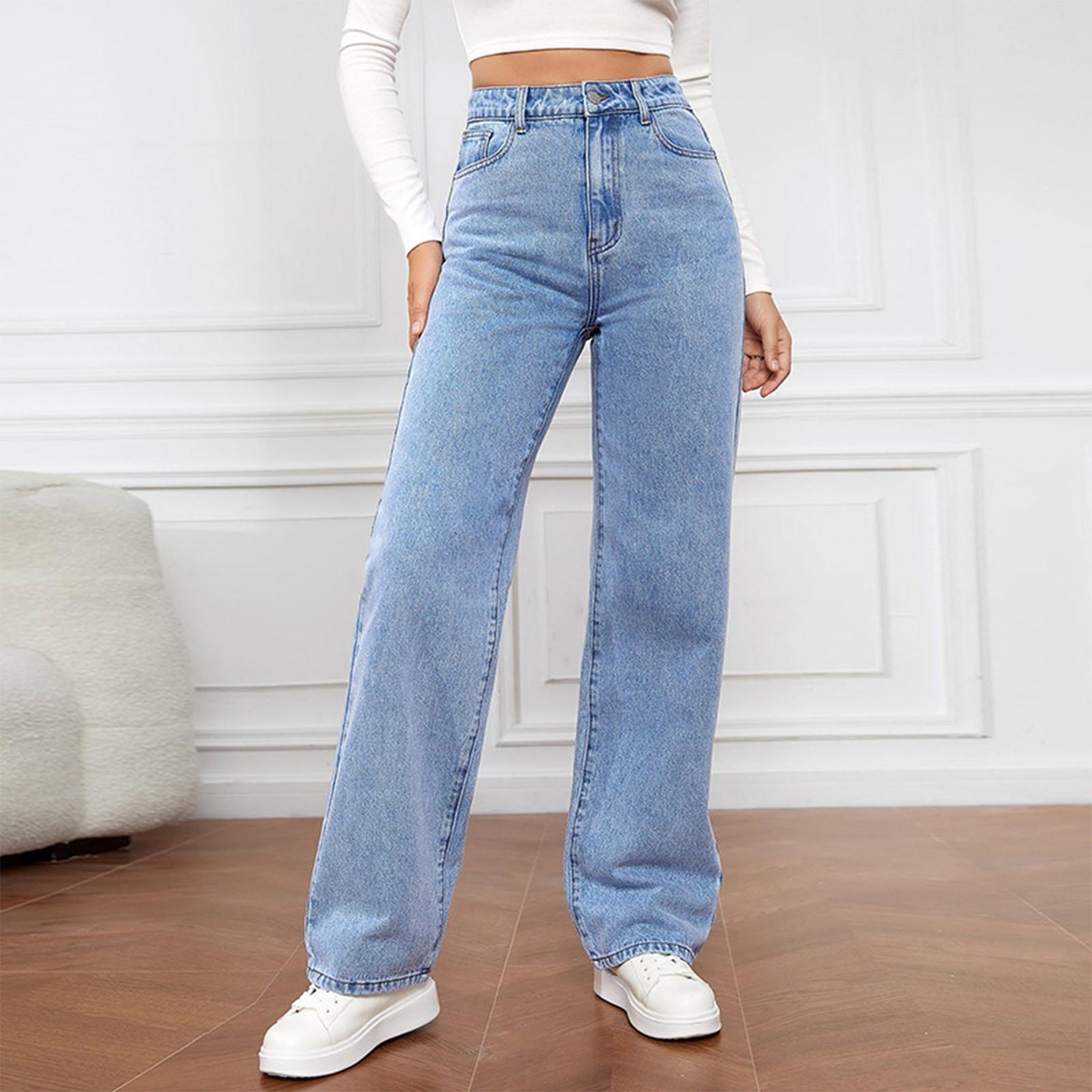 Damen Jeans mit hoher Taille und gewaschener Optik, modische, vielseitige Hose mit geradem Bein L blau von Joom DACH