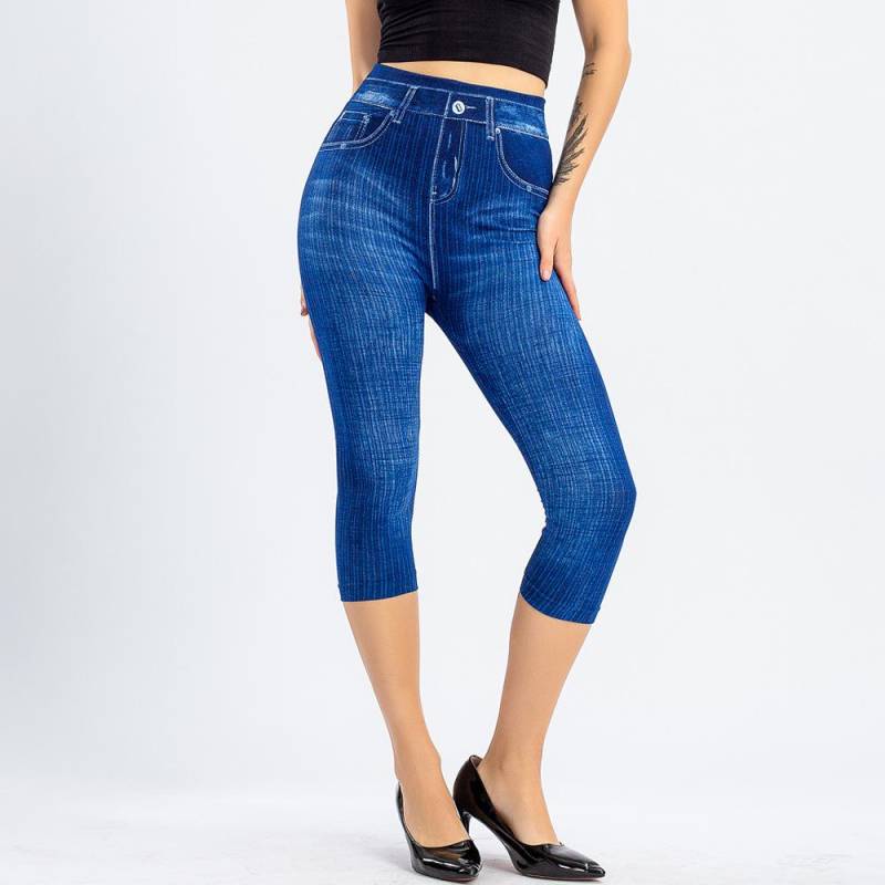 Damen-Jeansimitat-Caprihose, 3/4-Leggings, Sommer-Jeggings, schmal geschnittene Hose, Größe S-3XL 3XL blau von Joom DACH