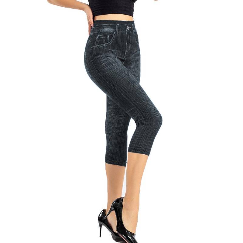 Damen-Jeansimitat-Caprihose, 3/4-Leggings, Sommer-Jeggings, schmal geschnittene Hose, Größe S-3XL M schwarz von Joom DACH