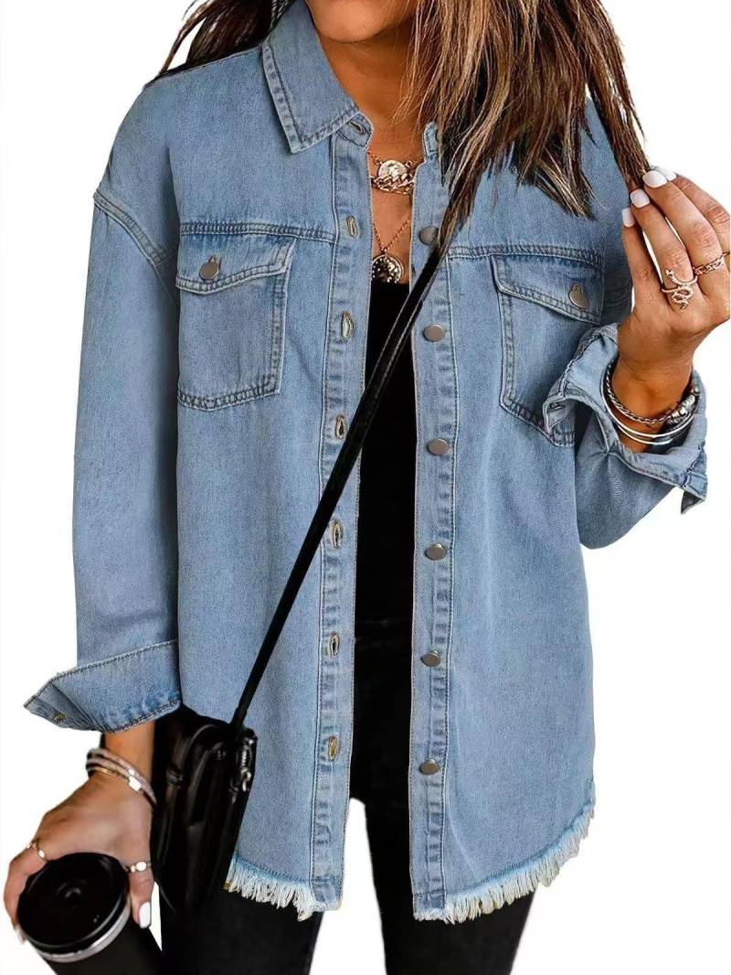Damen Jeansjacke, Slim Fit Stretch Baumwolle Freizeit Oberbekleidung mit mehreren Taschen XL hellblaue von Joom DACH