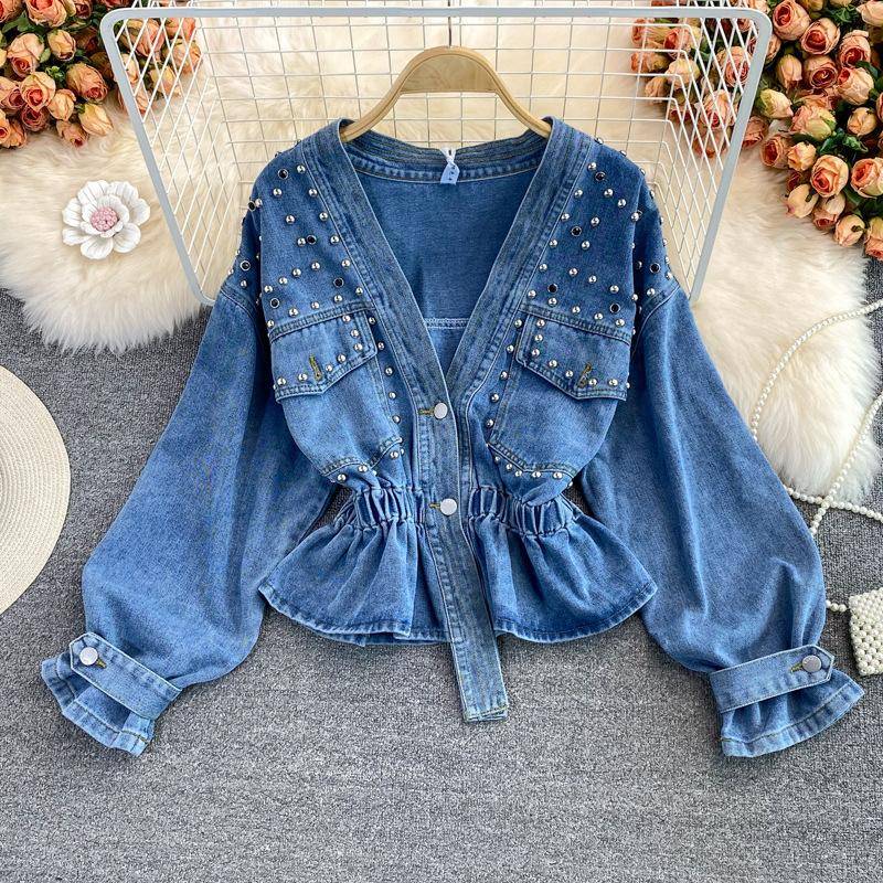 Damen Jeansjacke Frühling und Herbst Loose Bf Fashion Perlenbesetzte V-Ausschnitt Kurztaillierte Jacke one size blau von Joom DACH
