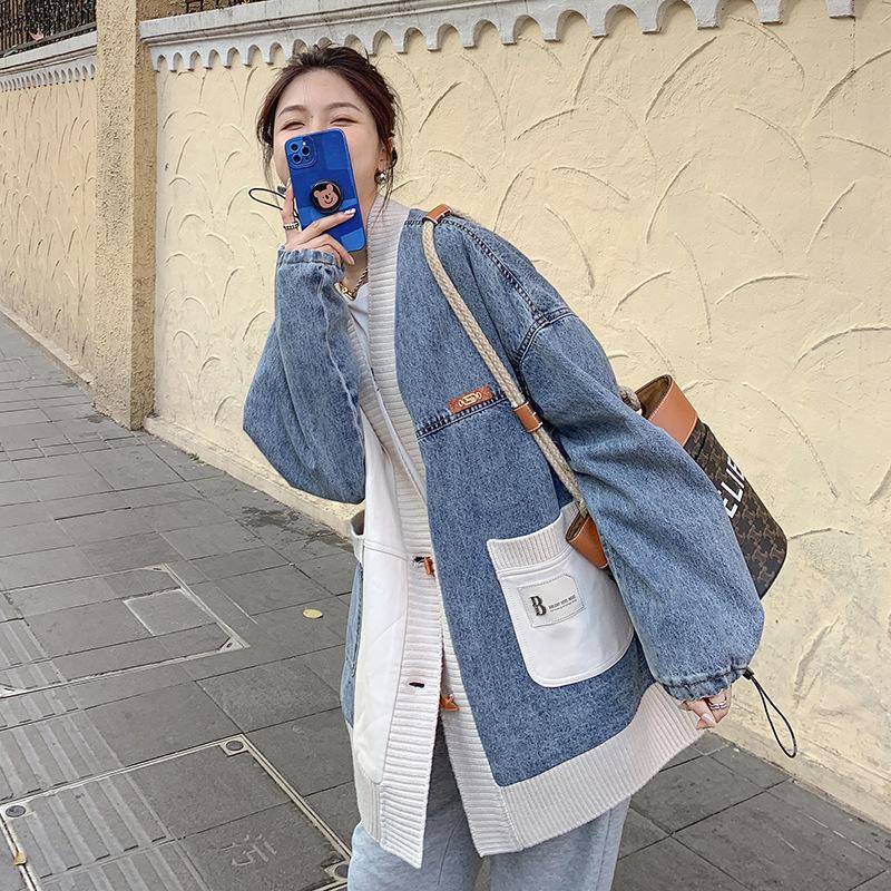 Damen-Jeansjacke mit kleinem Duft und Kontrastfarbe, Frühlings-Strickjacke im koreanischen Stil für kleine Leute L von Joom DACH