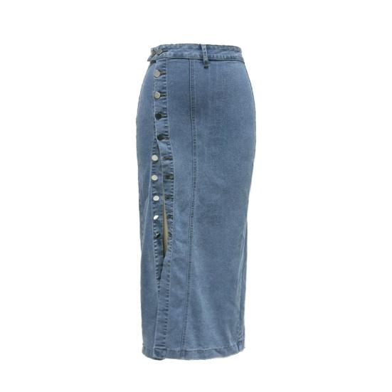 Damen Jeansrock Hohe Taille Knopfleiste Einfarbig Midi-Rock Unregelmäßiger Schlitz M von Joom DACH