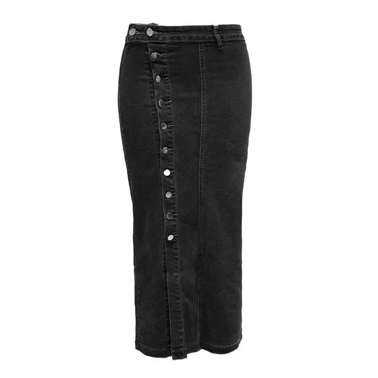 Damen Jeansrock Hohe Taille Knopfleiste Einfarbig Midi-Rock Unregelmäßiger Schlitz XL schwarz von Joom DACH