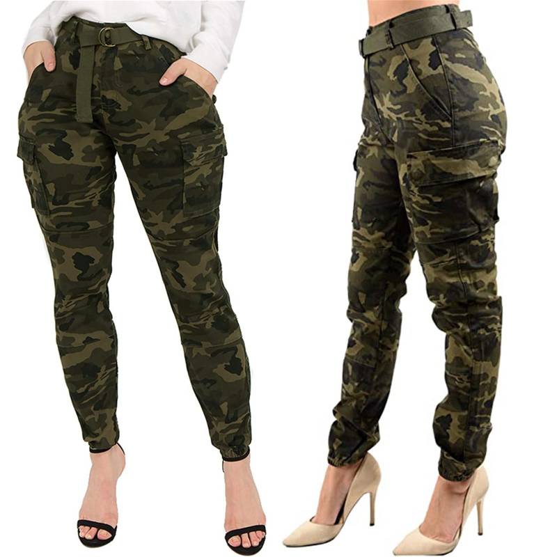 Damen-Jogger-Cargo-Camouflagehose mit hoher Taille und schmaler Passform und passendem Gürtel M grün von Joom DACH
