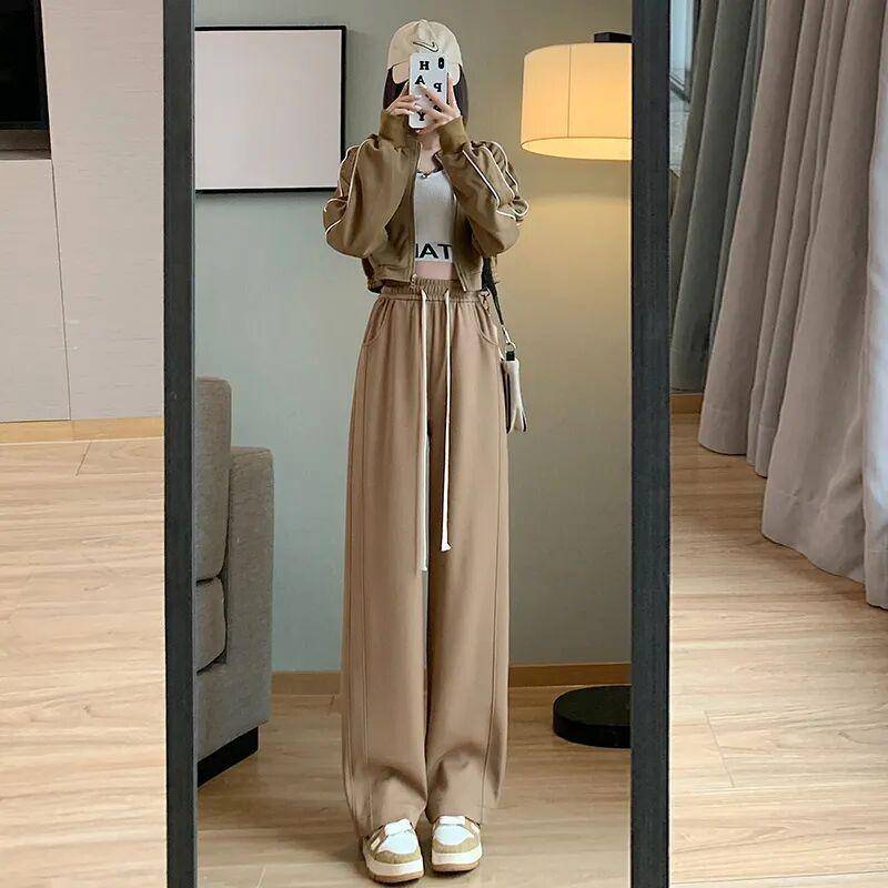 Damen-Jogginghose mit hohem Bund Frühling und Herbst Neu Drapierter lockerer gerader Schnitt Lässige Jogginghose Bananenweite Hose XL khaki von Joom DACH