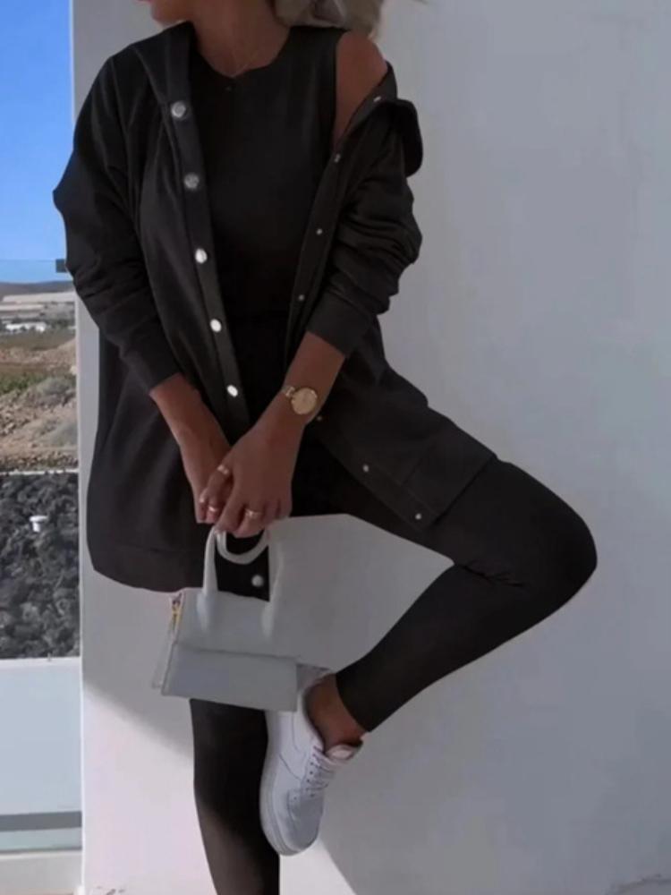 Damen Kapuzen-Cardigan-Set mit ärmellosem Oberteil und Leggings, lässiges Outfit für Frühling und Sommer 5XL schwarz von Joom DACH