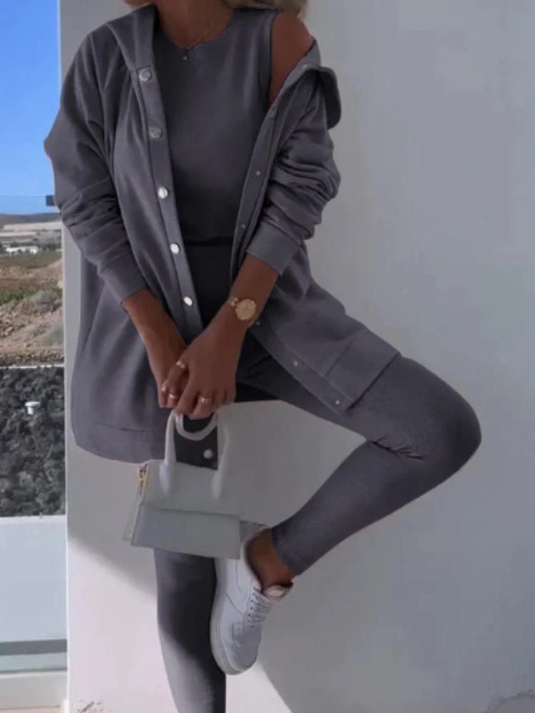 Damen Kapuzen-Cardigan-Set mit ärmellosem Oberteil und Leggings, lässiges Outfit für Frühling und Sommer L dunkelgraue von Joom DACH