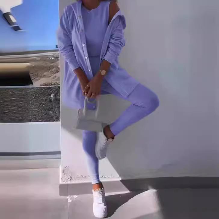 Damen Kapuzen-Cardigan-Set mit ärmellosem Oberteil und Leggings, lässiges Outfit für Frühling und Sommer S violett von Joom DACH