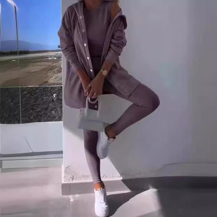 Damen Kapuzen-Cardigan-Set mit ärmellosem Oberteil und Leggings, lässiges Outfit für Frühling und Sommer XL dunkelviolette von Joom DACH