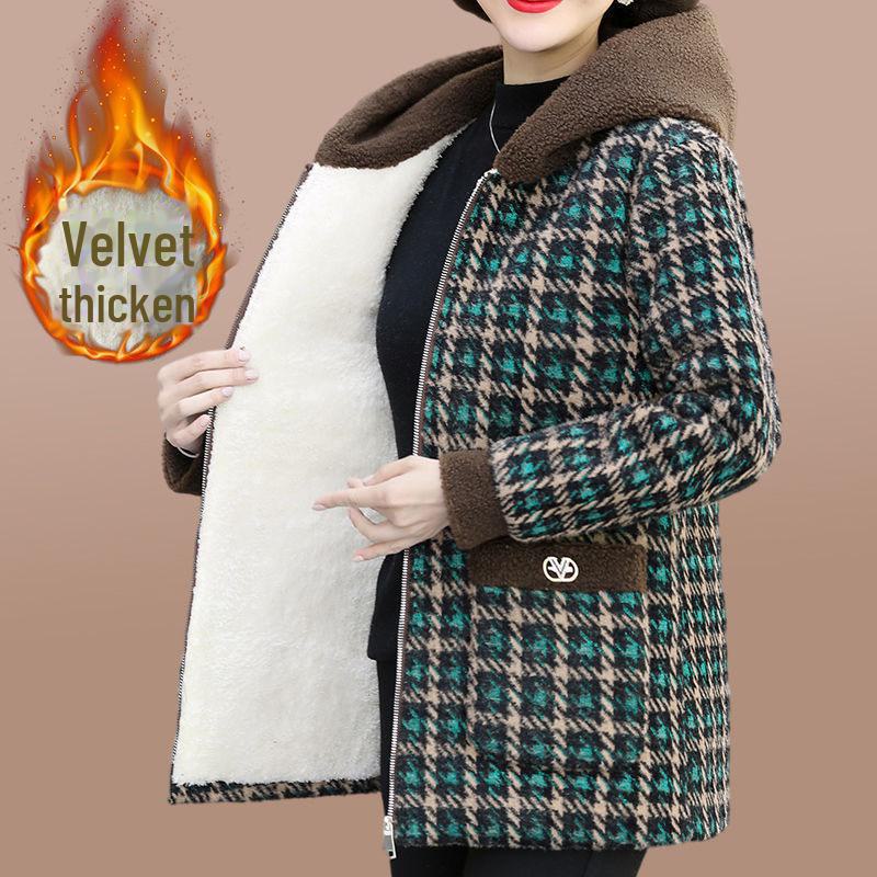 Damen Kapuzenjacke aus plüschigem Lammfleece - Dick, warm, vielseitiger Kurzmantel mit Karomuster 5XL (155-170 jin) von Joom DACH