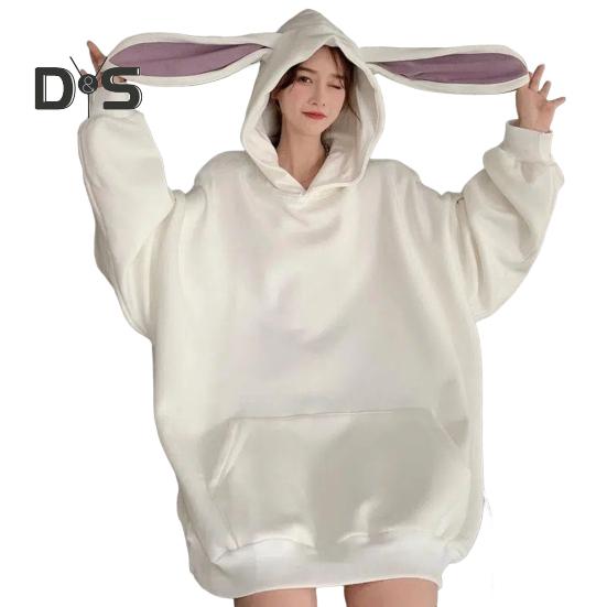 Damen Kapuzenpullover Herbst Winter Dicker Langer Hasenohren Dekor Reine Farbe Locker Lange Ärmel Elastische Manschette Pullover Warm Sport Top Casual Style Hoodie XXL weiß von Joom DACH